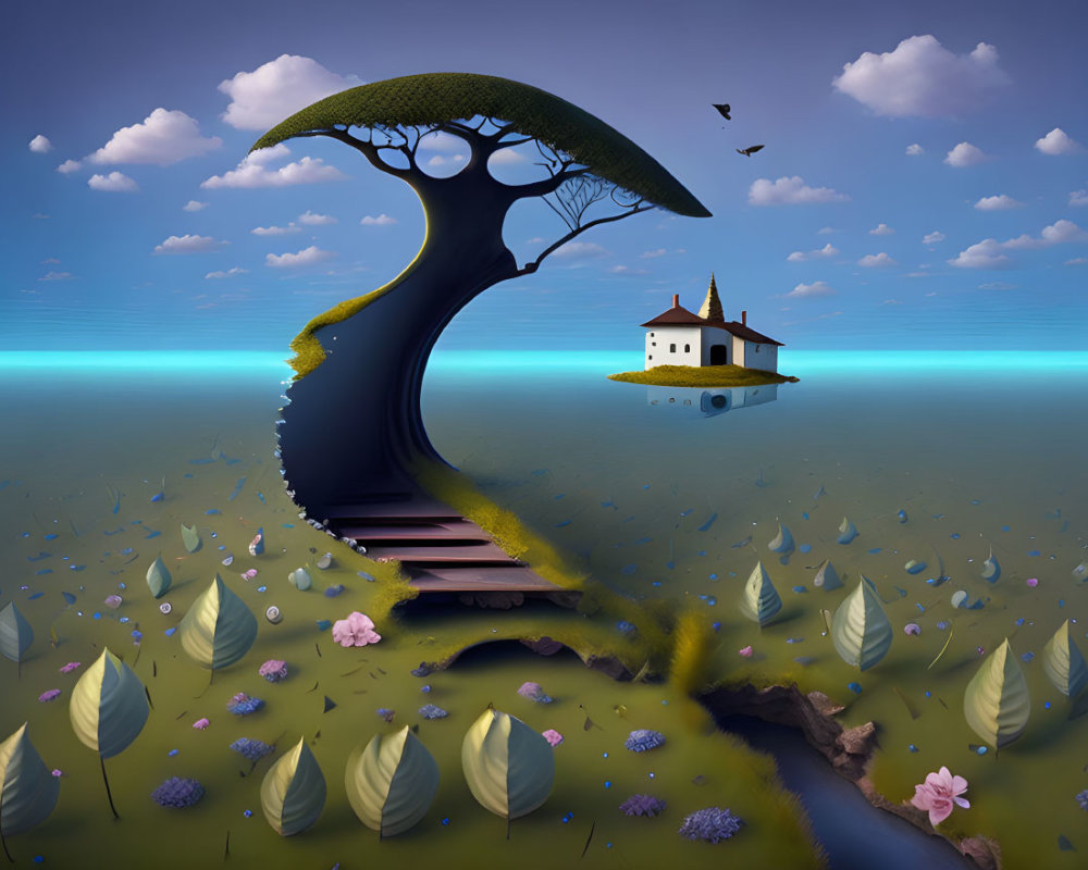 Surreal landscape featuring flowing tree staircase, floating island with house, birds, flowers, and leaves