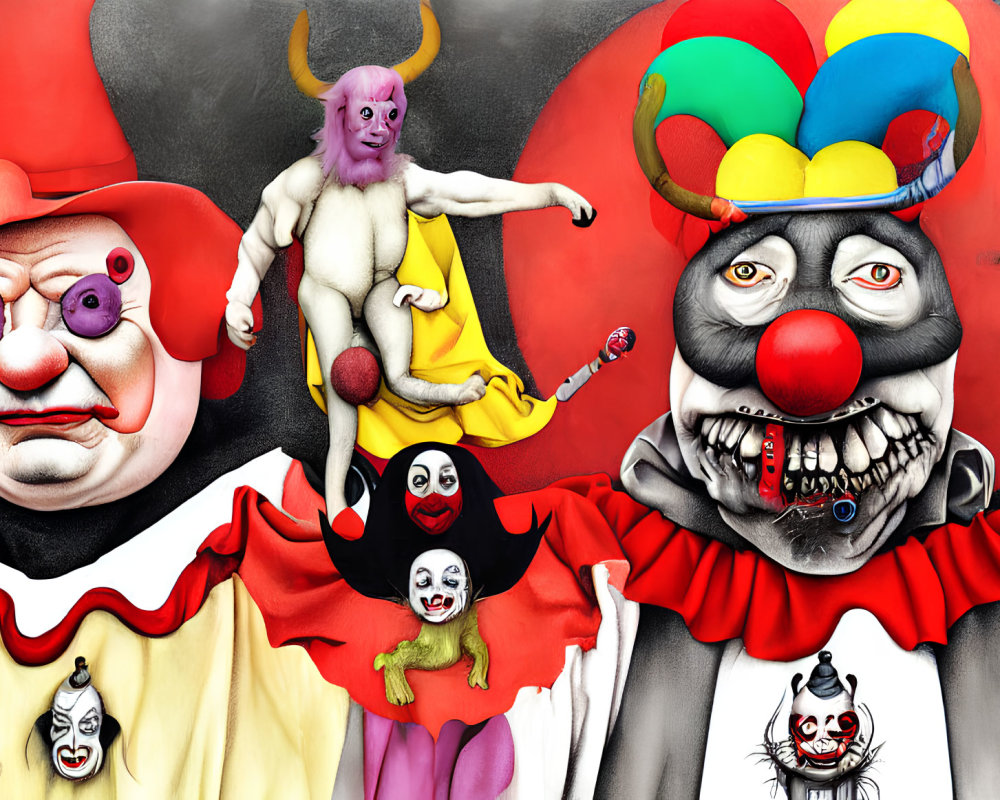 Array of Sinister Clown Faces in Colorful Variety