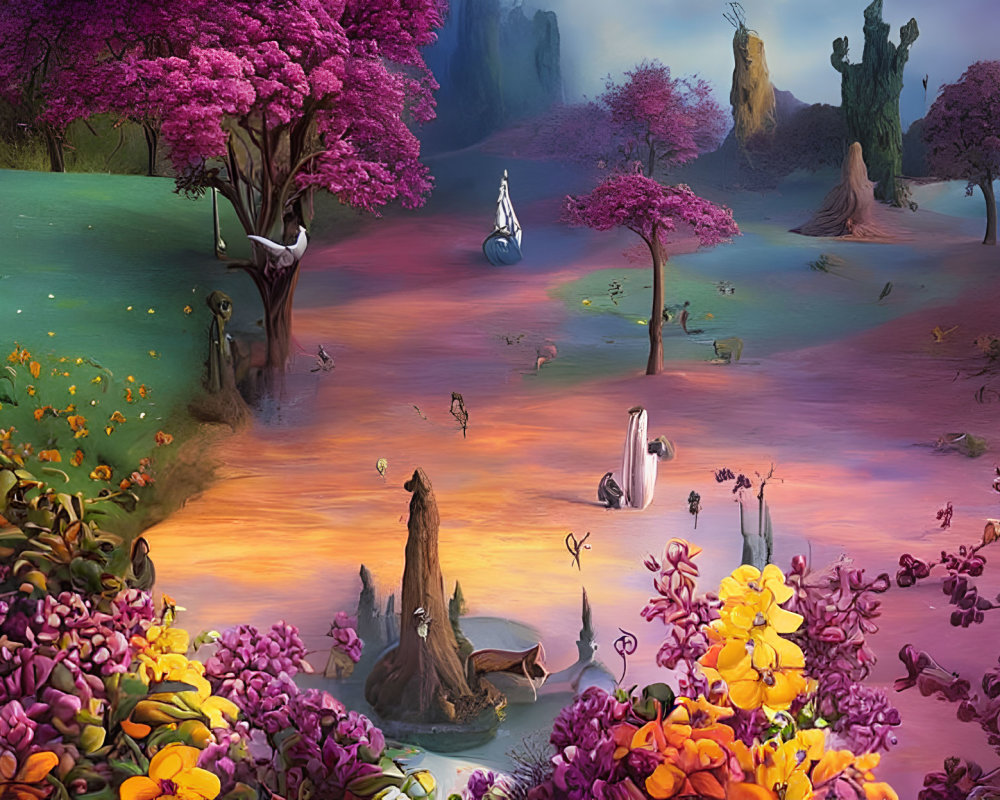 Fantasy landscape with colorful flowers, whimsical trees, and mysterious creatures
