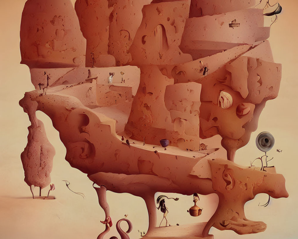 Surreal abstract artwork of terracotta structures and whimsical characters