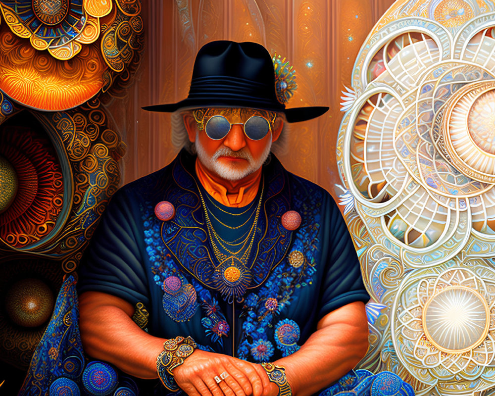 Man in Sunglasses and Hat Surrounded by Colorful Fractal Patterns