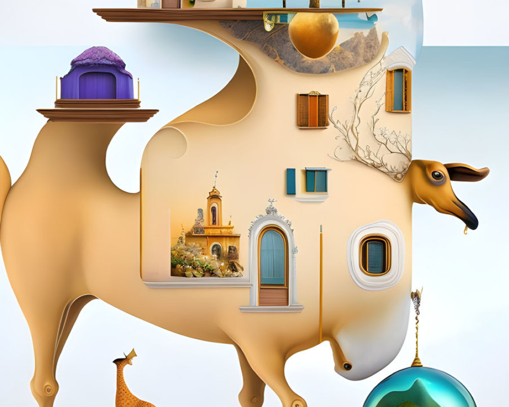 Illustration of cow with architectural and natural elements integrated