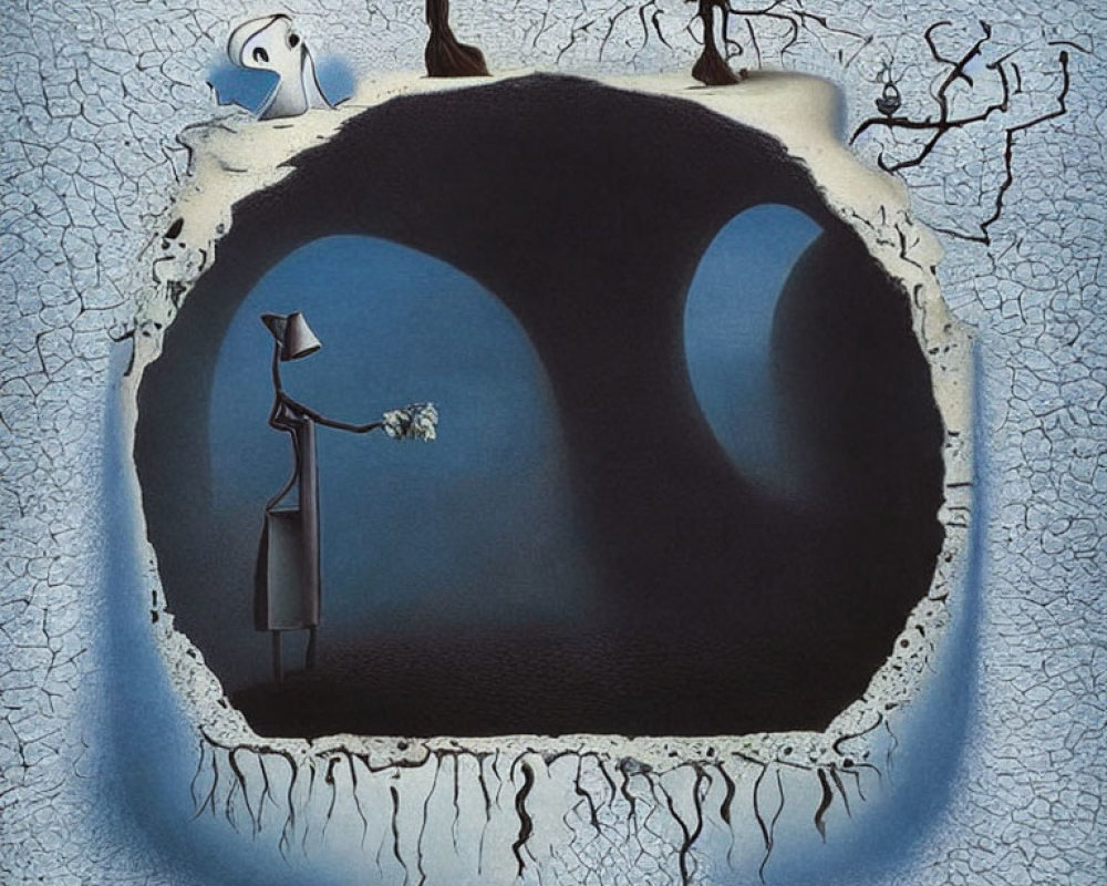 Surreal artwork: elongated figures, cracked landscape, blue sky, two moons