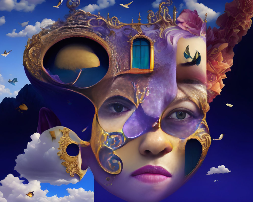 Surreal portrait blending woman's face with window, mask, and clouds on blue sky