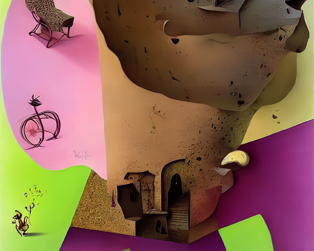 Surreal Artwork: Face-shaped landscape, melting objects, vivid colors, and gravity-defying