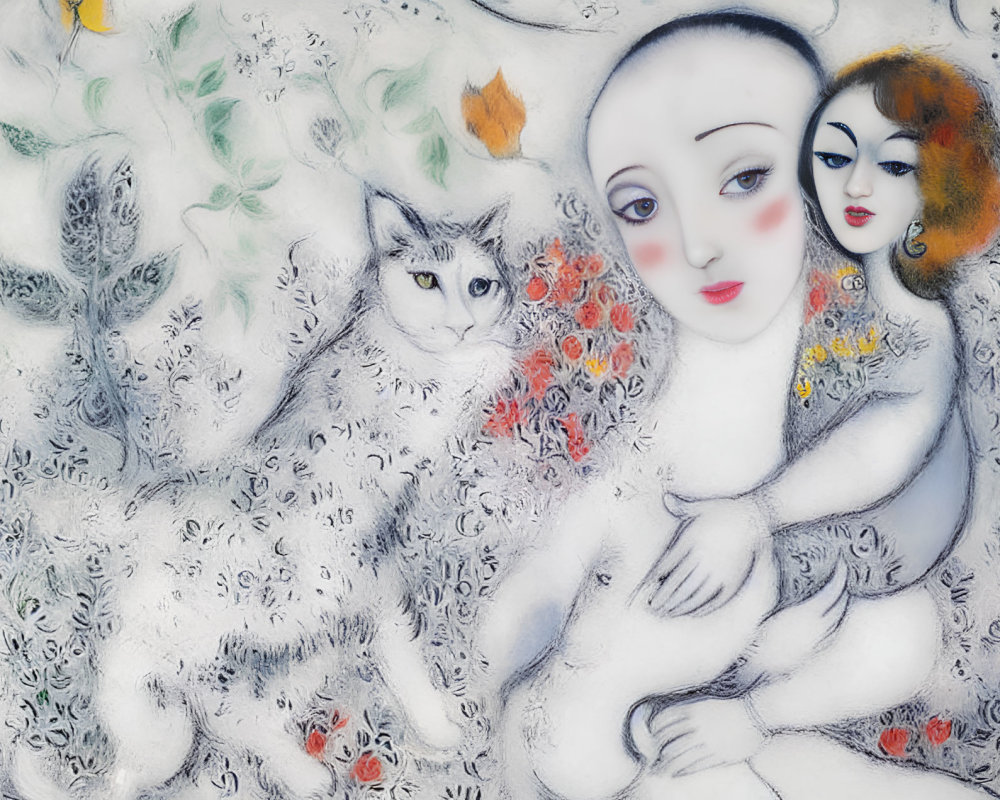 Surreal painting featuring expressive eyes, rosy-cheeked figures, and a cat in floral