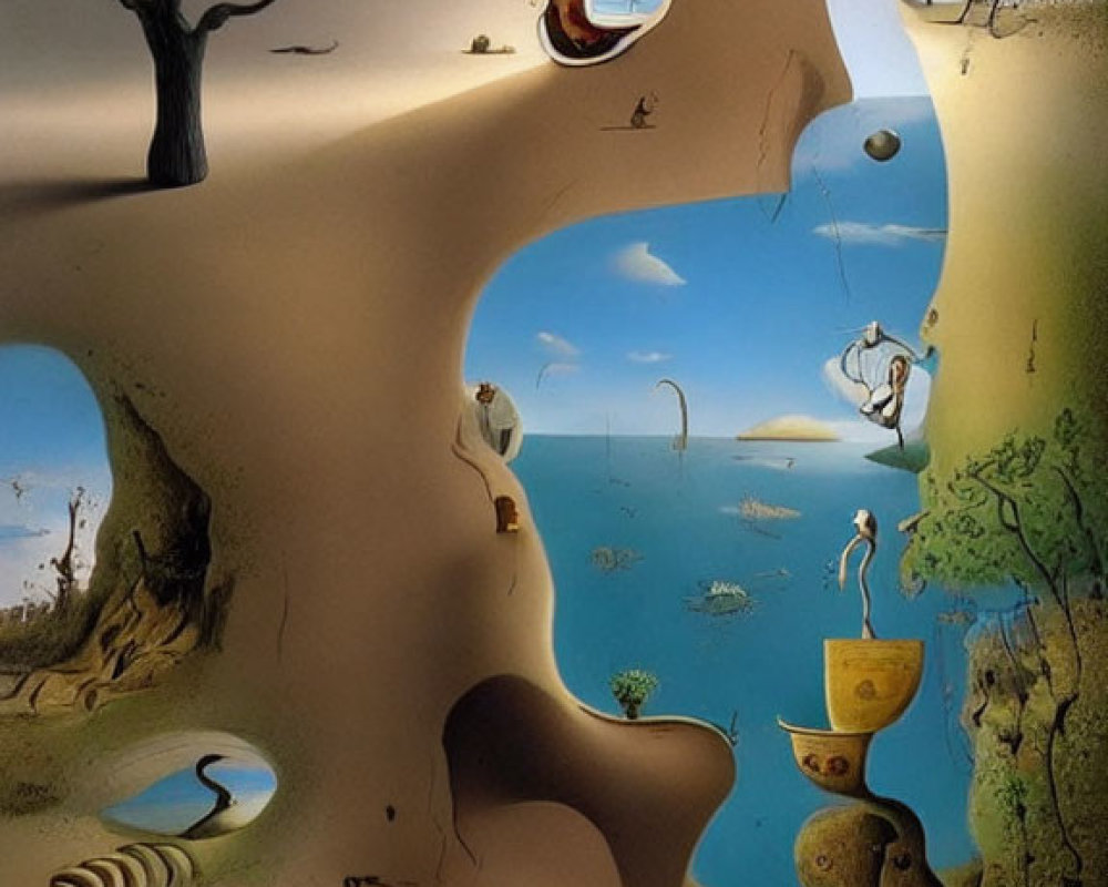 Surrealist artwork: dreamlike landscape with distorted proportions