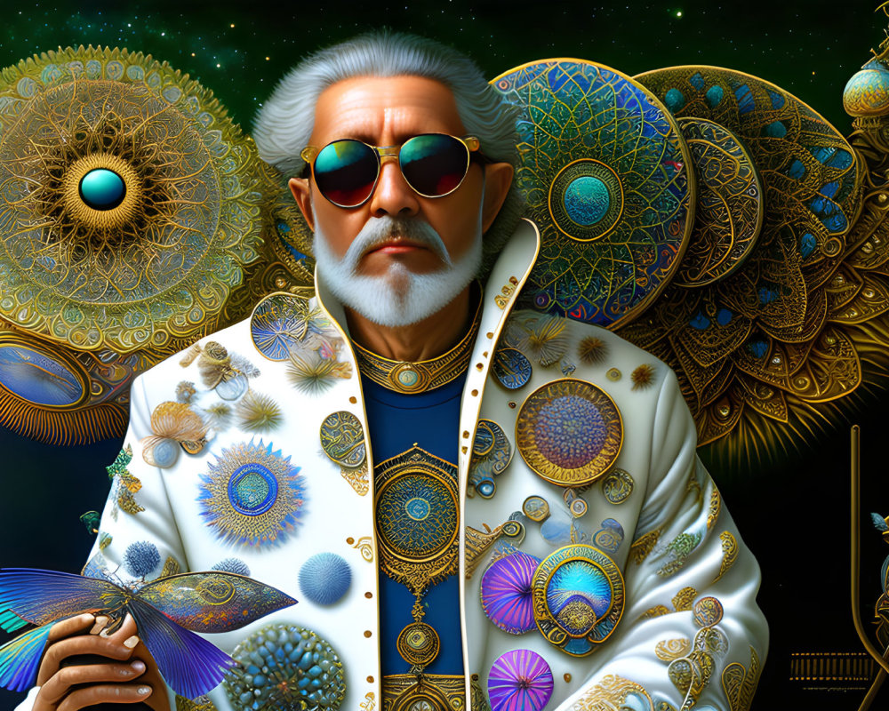 Elderly man with white beard and peacock feather in stylish attire