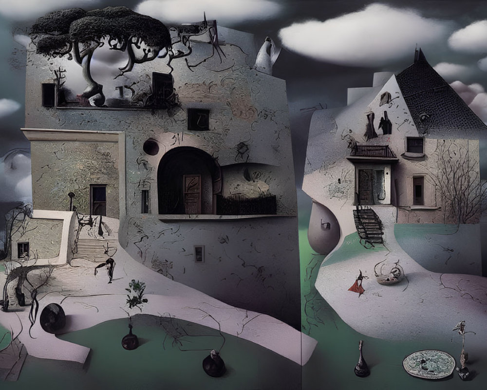 Surreal painting of disjointed buildings and whimsical shapes