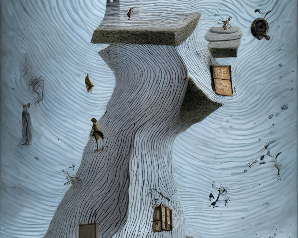 Surreal Tree Structure with Door, Windows, and House, Surrounded by Floating Figures