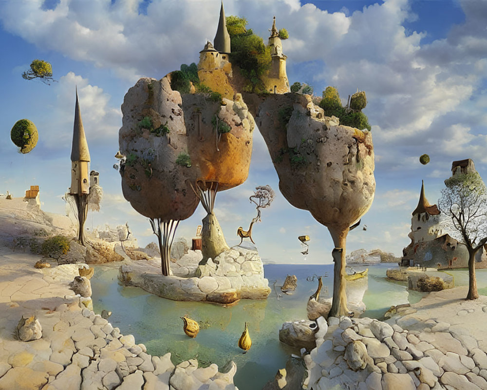 Surreal landscape featuring floating rock islands, whimsical castles, scattered trees, and cloudy blue