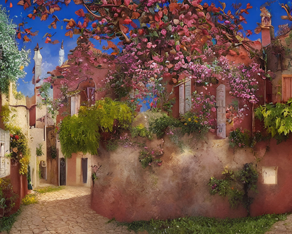 Charming cobblestone street with vibrant flowers and terracotta walls