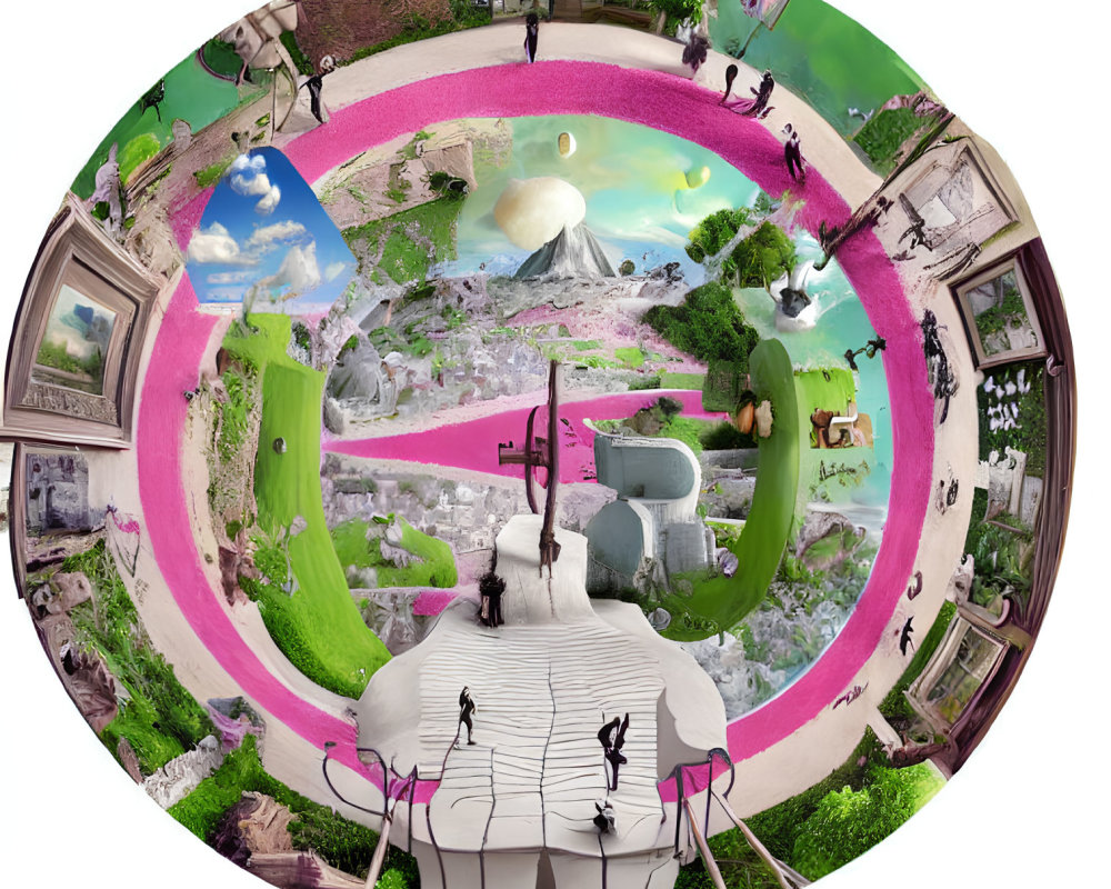 Circular Panorama Collage: People, Architecture, Nature, and Artwork in Surreal Scene