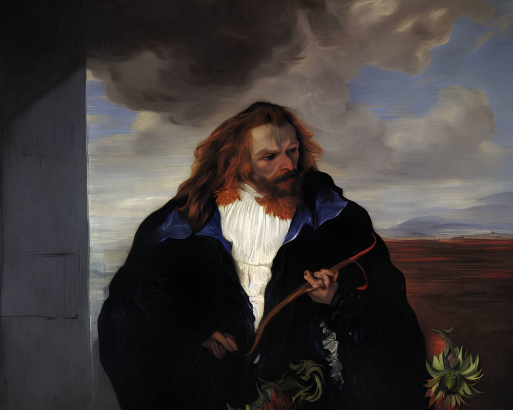 Classical oil painting portrait of bearded man in black robe with staff