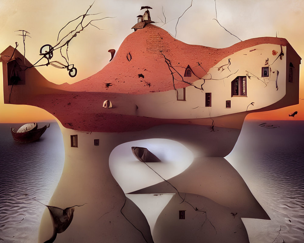 Surreal landscape with house-like structure, boat, and floating elements at sunset