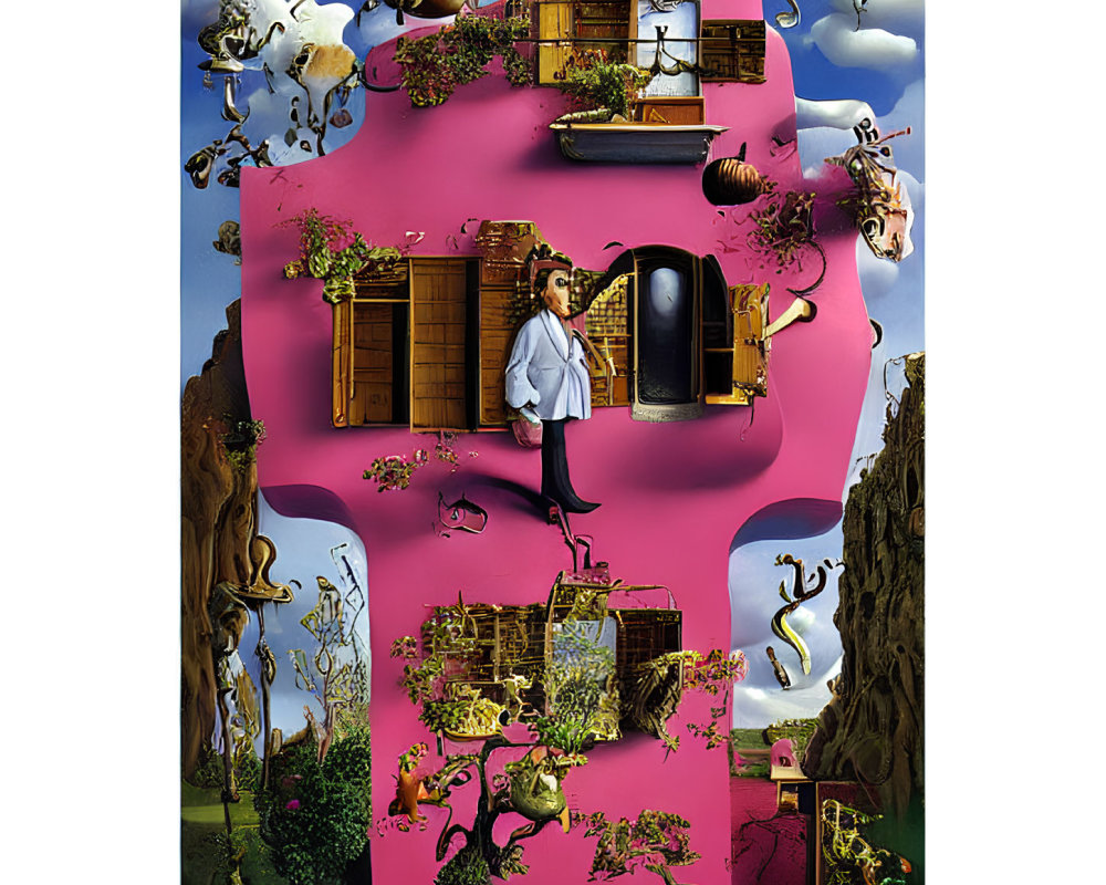 Surreal artwork: man in doorway, floating furniture, cows, eclectic objects