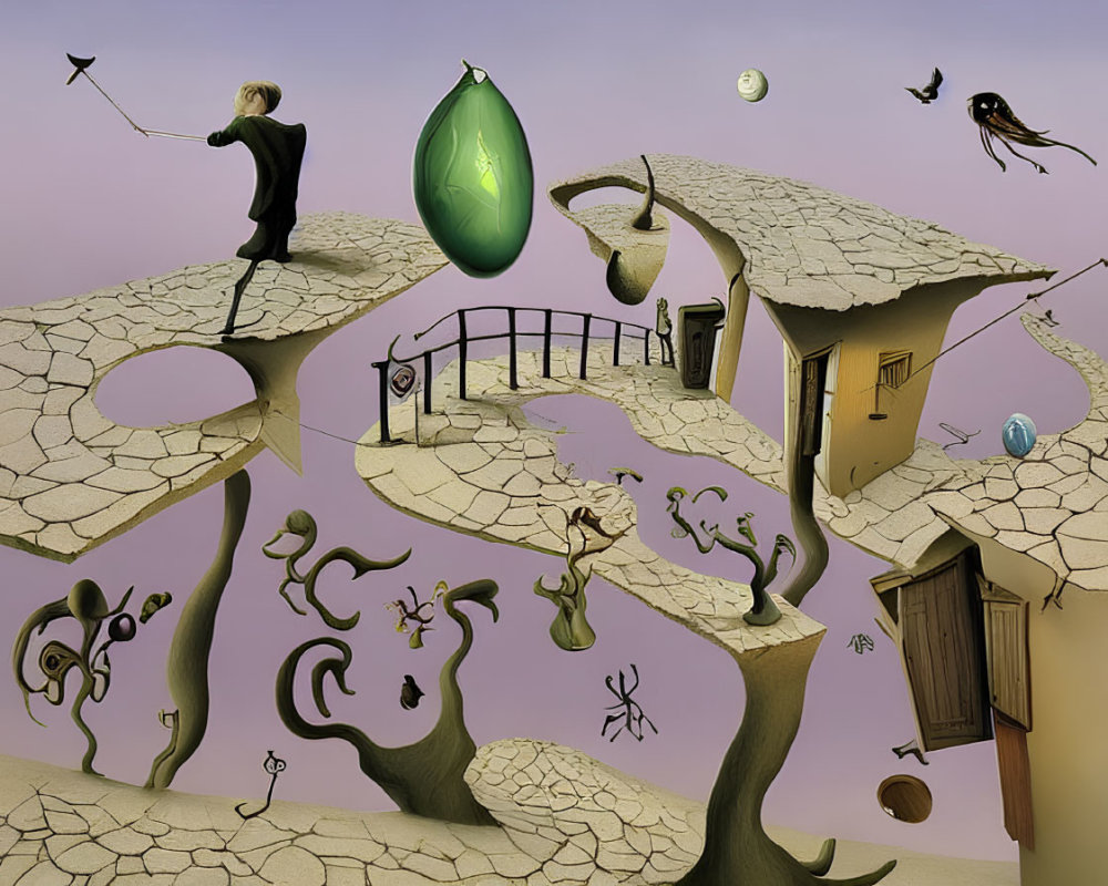 Surreal landscape with wand-wielding figure, giant green droplet, cracked earth, whimsical