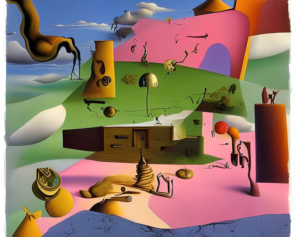 Surreal landscape with melting objects and distorted shapes