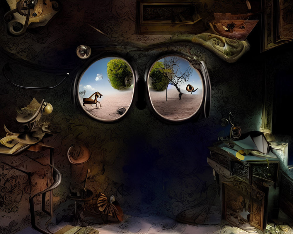 Surreal room with glasses-shaped windows and whimsical decor