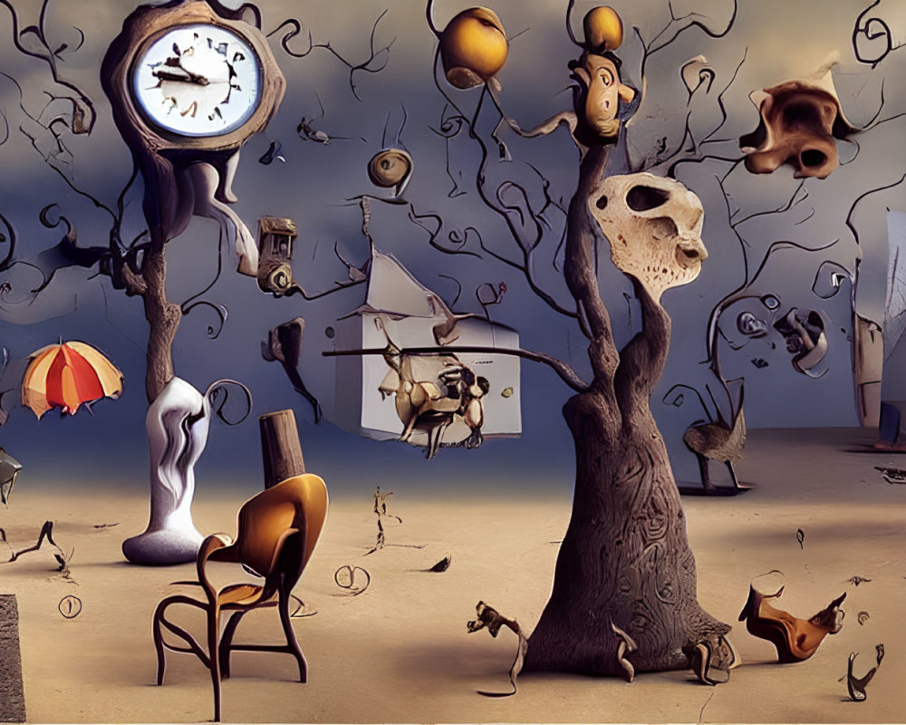 Surreal landscape with melting clocks, twisted trees, floating furniture, church, and anthropomorphic objects