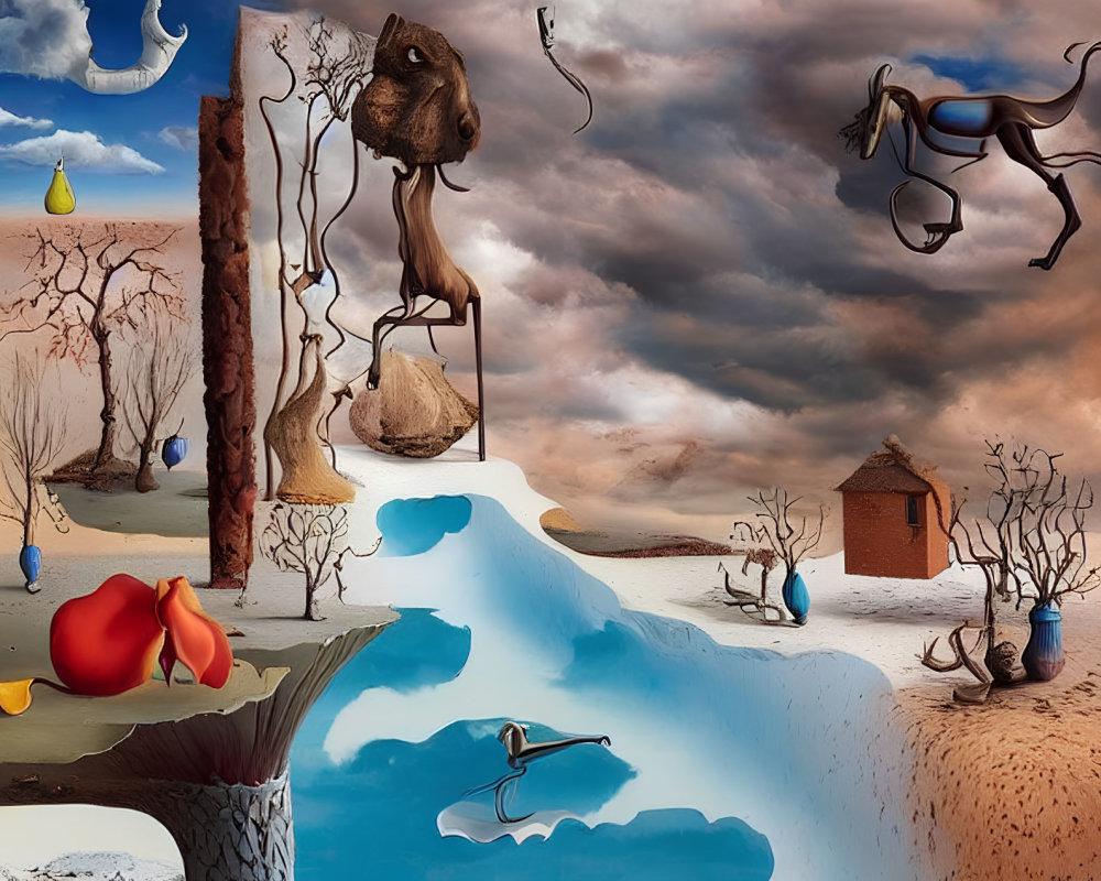 Surreal landscape featuring distorted animals, barren trees, and floating elements.