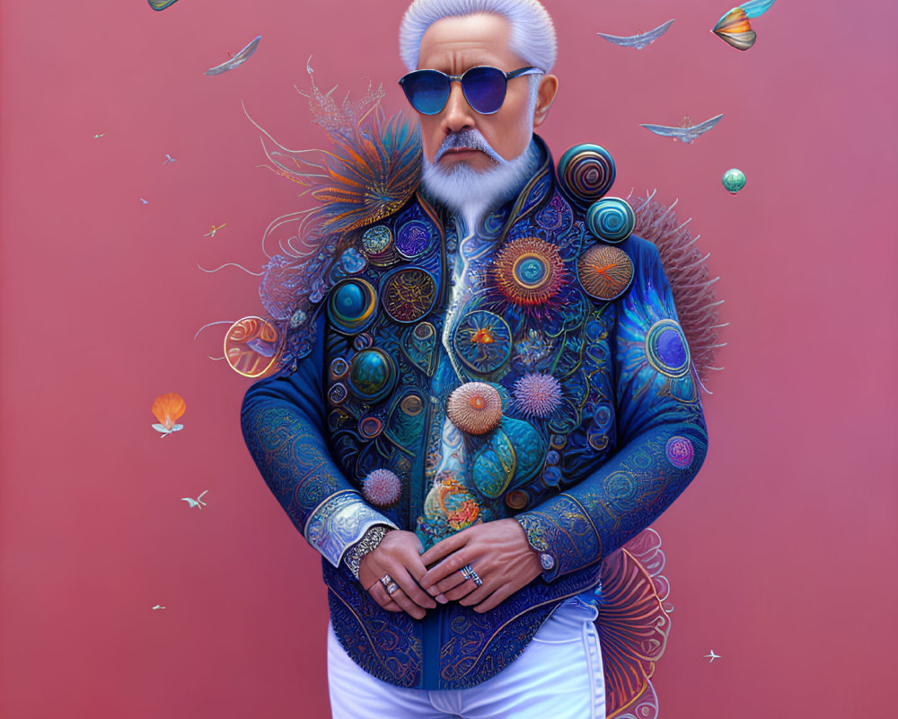 Elderly man in sunglasses and colorful jacket on red background