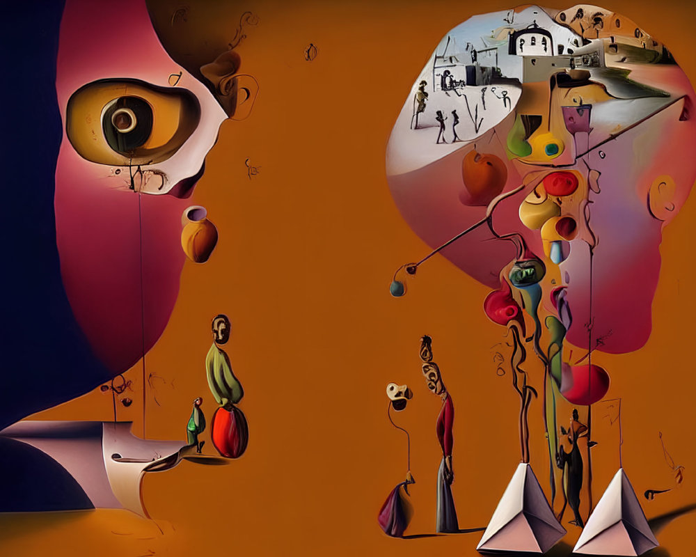 Abstract surreal artwork: Stylized faces, landscapes, figures, and shapes in warm colors