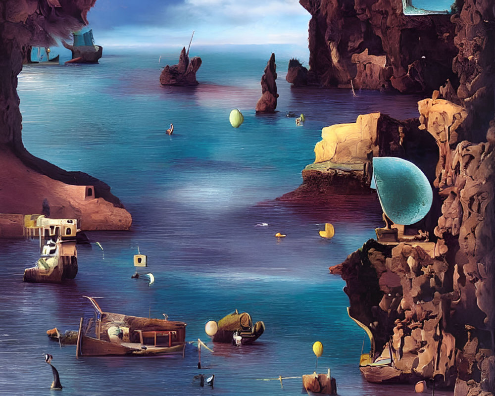 Colorful surrealistic seascape with floating balloons and whimsical ships.