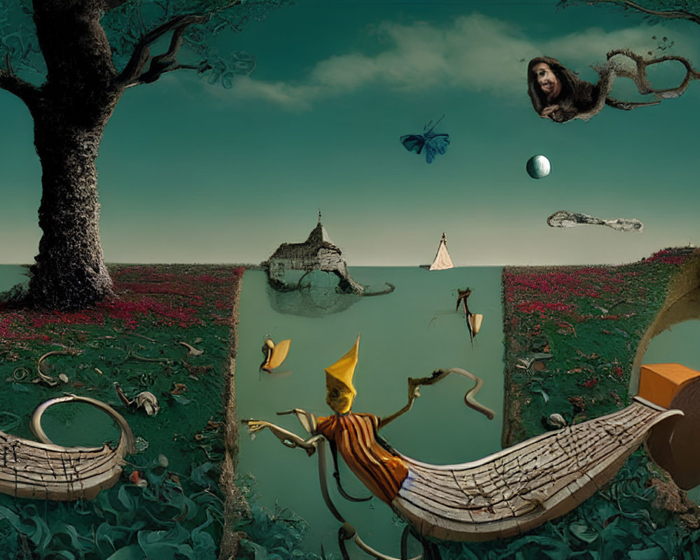 Surreal landscape with floating elements, woman in circular frame, boats, and house