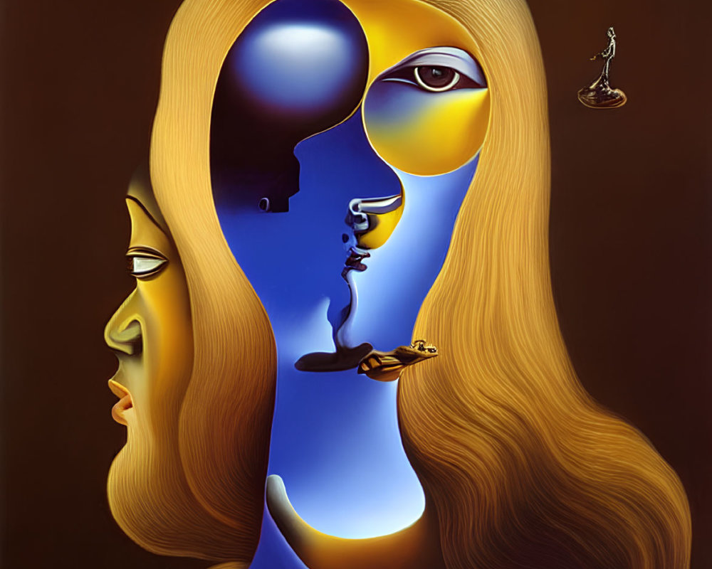 Surrealist dual-face profile with butterfly and candle on brown background