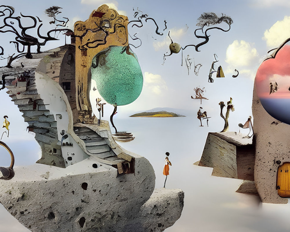 Surreal Landscape with Floating Islands and Whimsical Characters