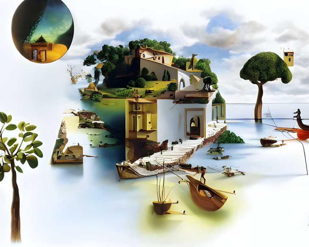 Surreal landscape with houses, boats, docks, trees, and water on white background