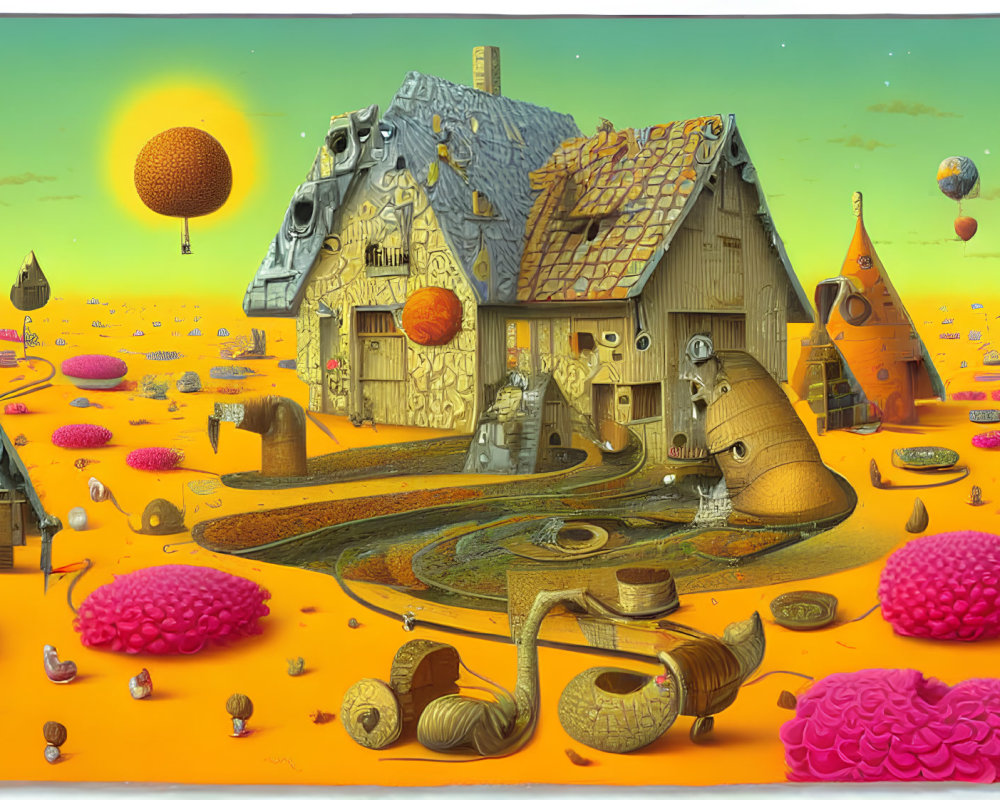 Surreal landscape with brain-shaped trees, cottage, and floating orbs