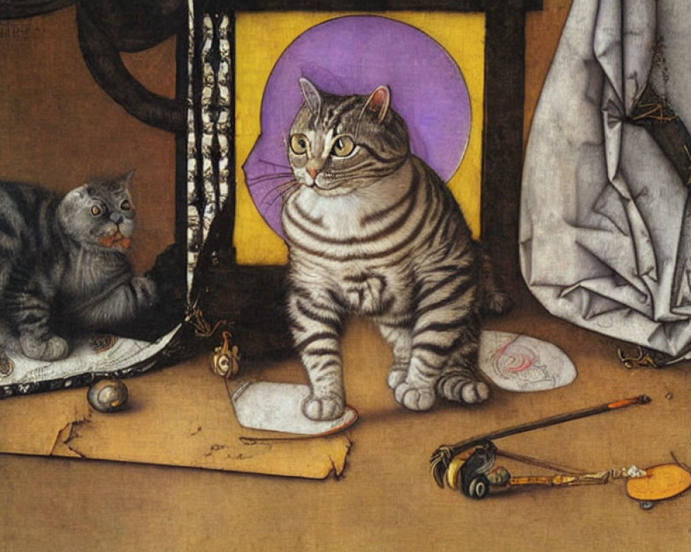 Artwork of striped cat in front of mirror with another cat's reflection, scroll, seal, spect