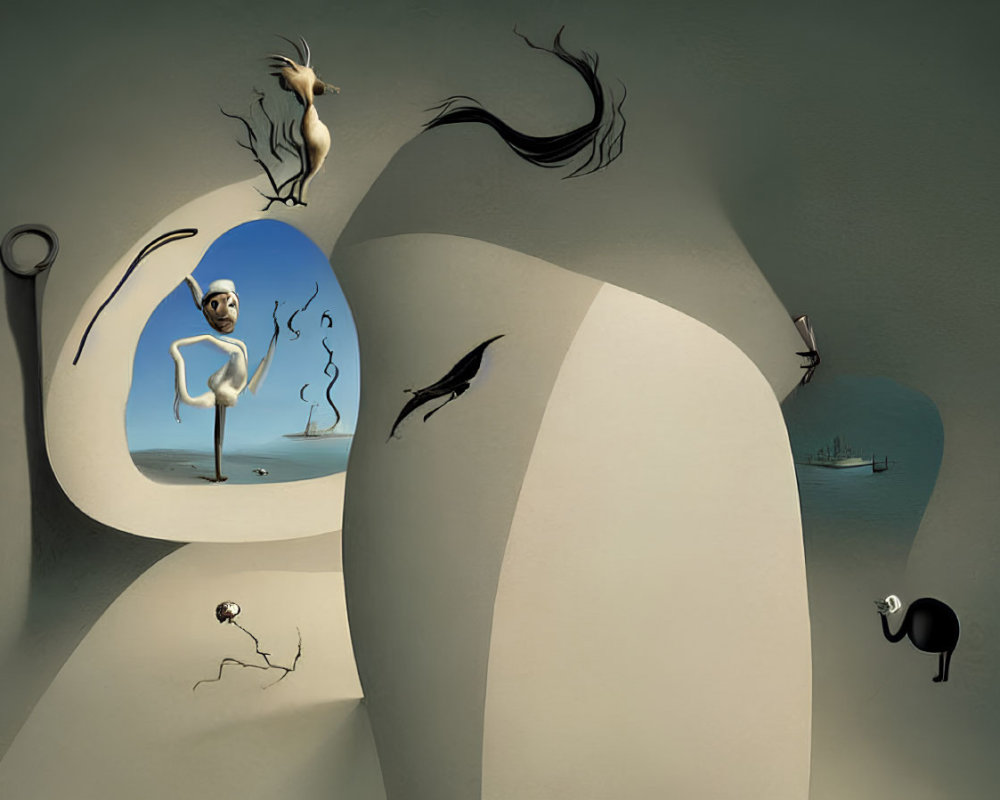 Surreal landscape with stylized figures and animals in muted colors