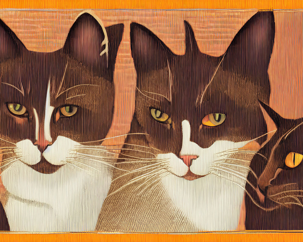 Stylized cartoon cats with white markings and yellow eyes on orange background