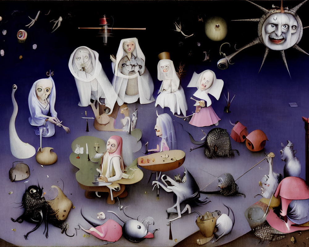 Surreal painting with ghostly figures, bizarre creatures, and chaotic elements