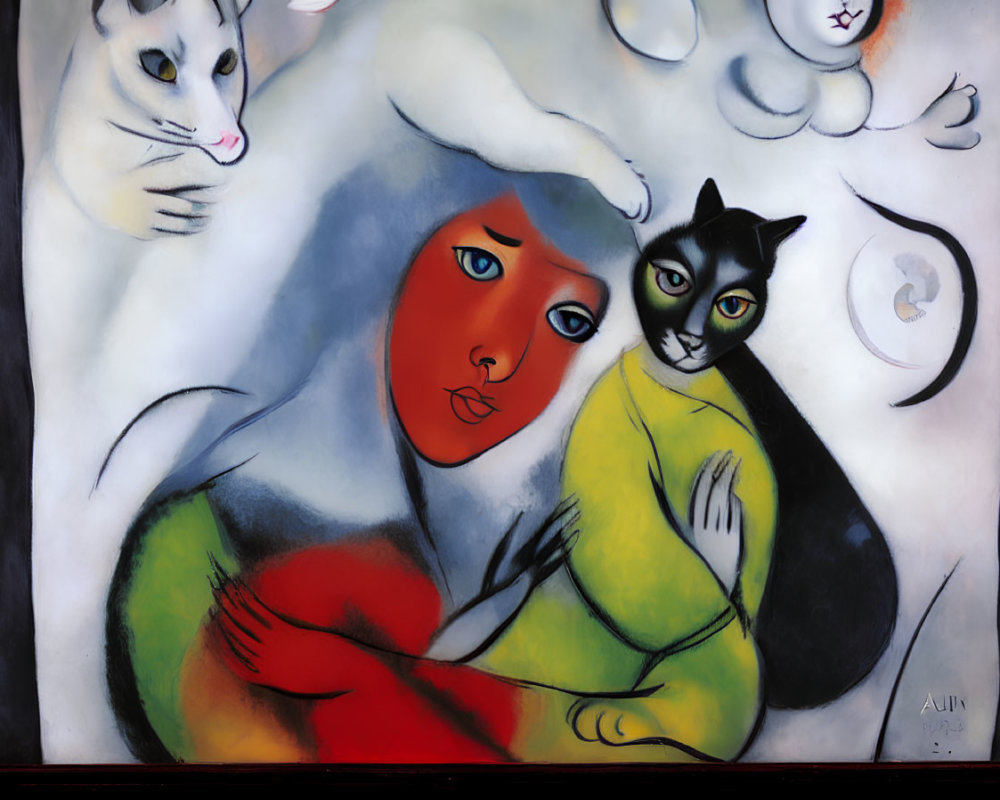 Colorful painting of stylized blue figure holding cat among abstract feline shapes