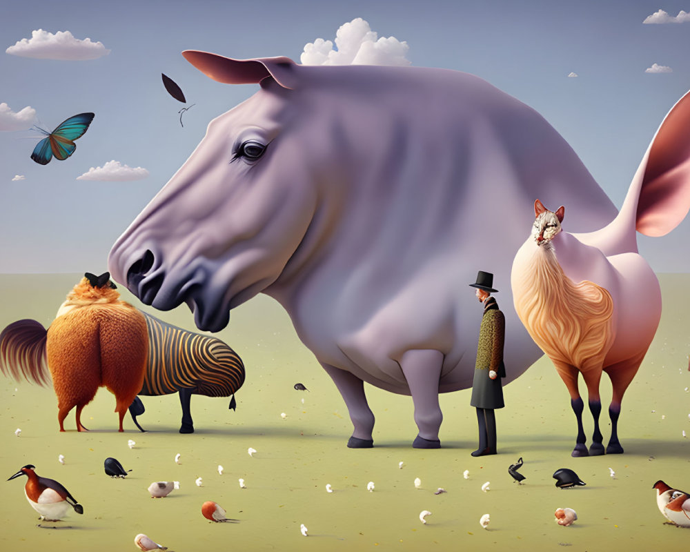 Surreal digital artwork: Oversized animals, small man with hat, serene sky.