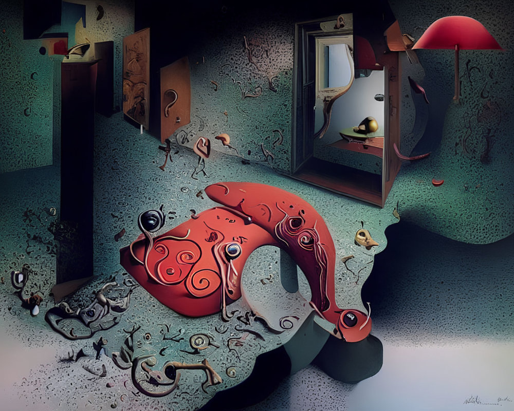 Surreal Room with Abstract Red Shapes and Flamingos