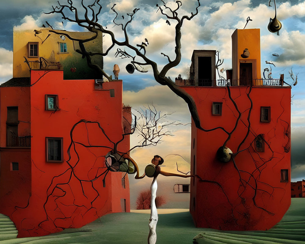 Surreal orange buildings with tree-like roots and figure holding pendulum