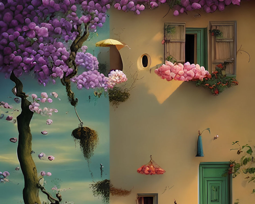 Whimsical artwork of tree with purple blooms and charming house