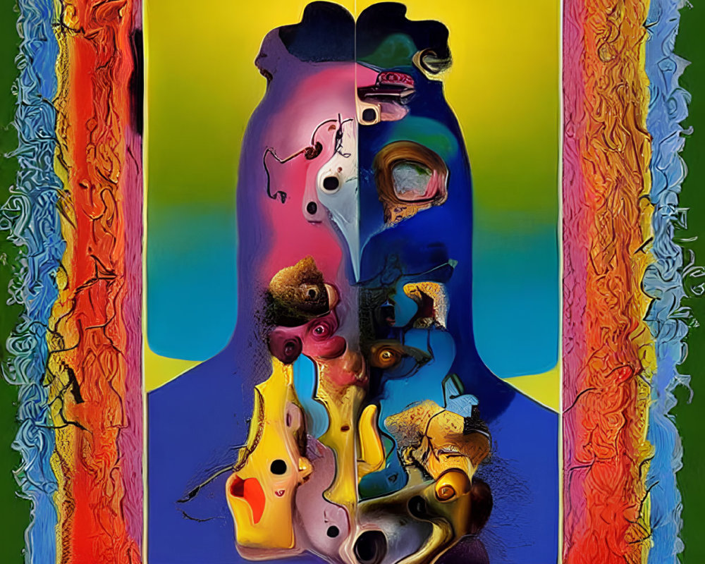 Colorful Abstract Digital Artwork: Distorted Face in Ornate Frame