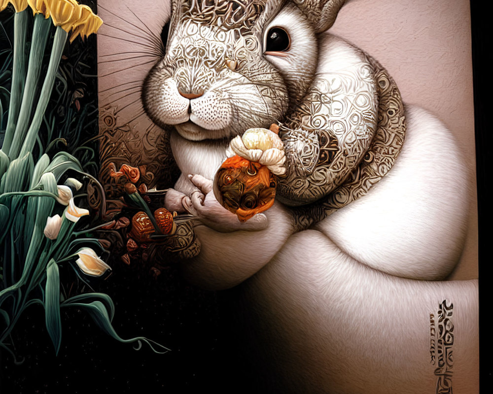 Intricately patterned rabbit with flowers in surreal art