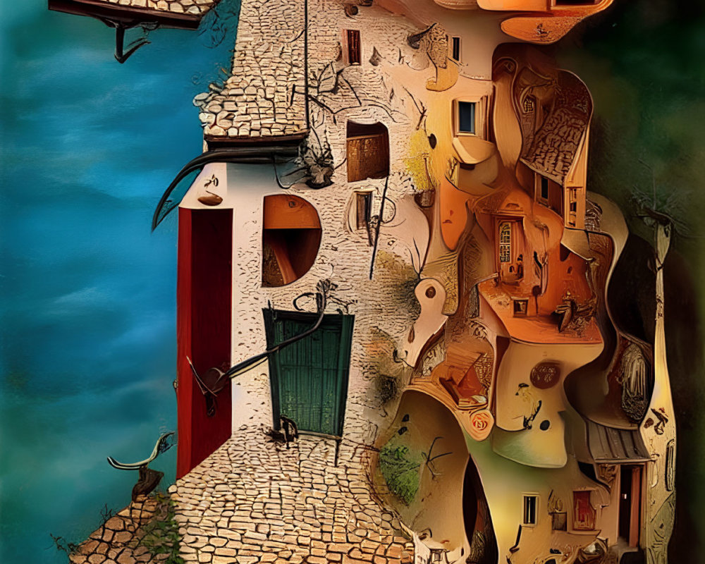 Whimsical vertical village painting with surreal architecture on teal background