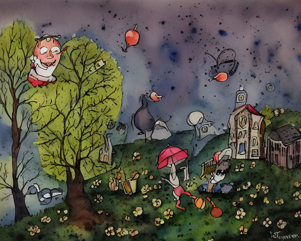 Whimsical watercolor painting of village at night with anthropomorphic creatures