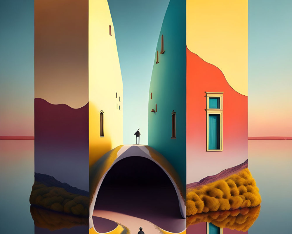 Colorful surreal artwork: buildings, archway, person, bird