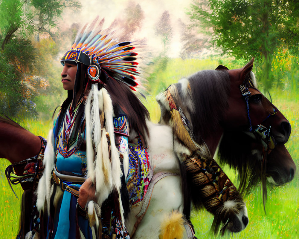 Native American person in traditional attire with horse in grassy field under cloudy sky.