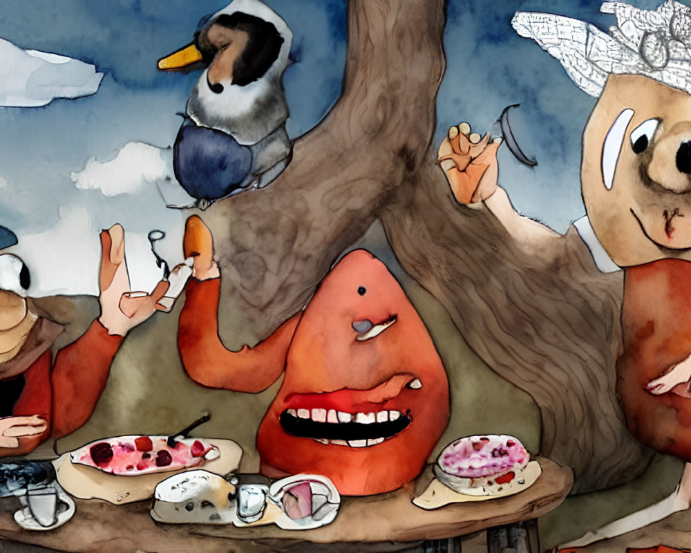 Anthropomorphic animals picnic with desserts under whimsical sky