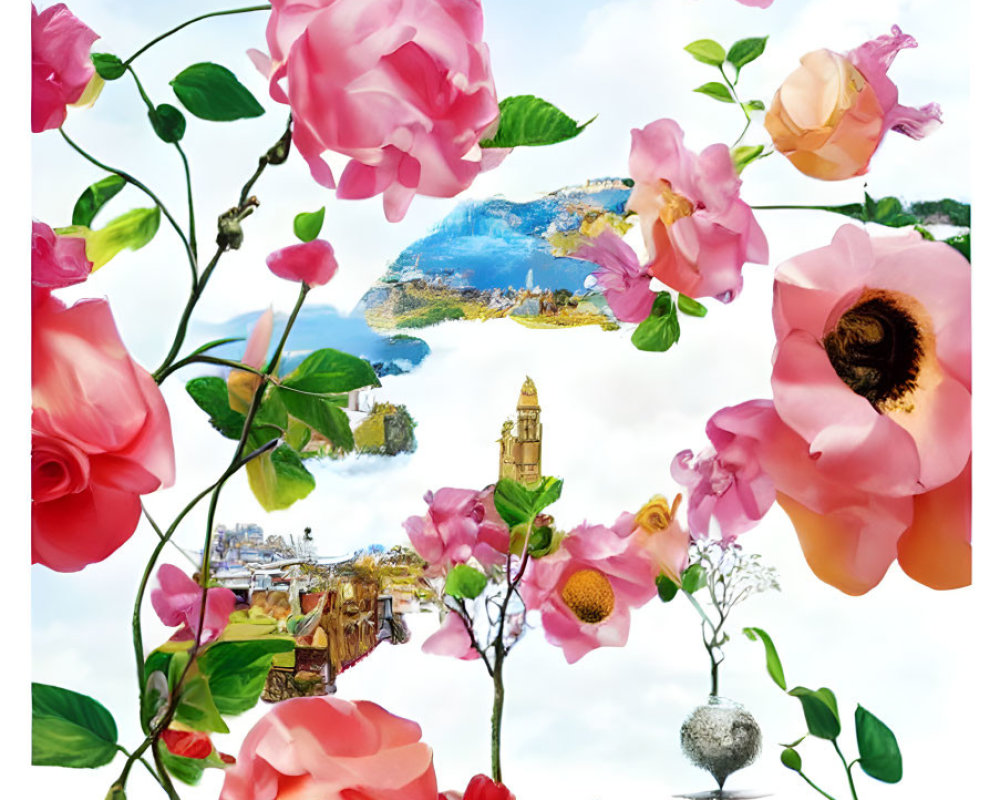 Vibrant Pink Roses Collage with Coastal Landscape and Planetary Spheres